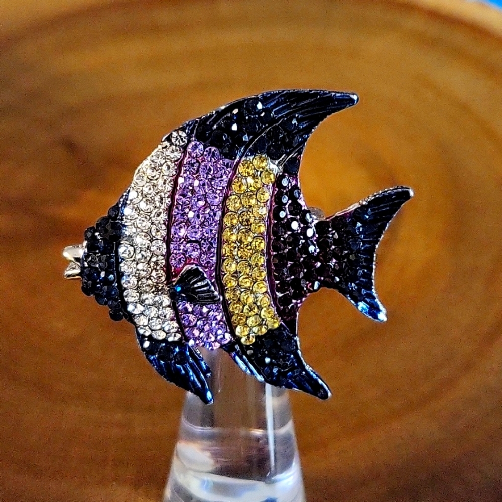 Fish Brooch - Navy/Purples/Yellow/Rhinestone/Silver Tone - NWOT